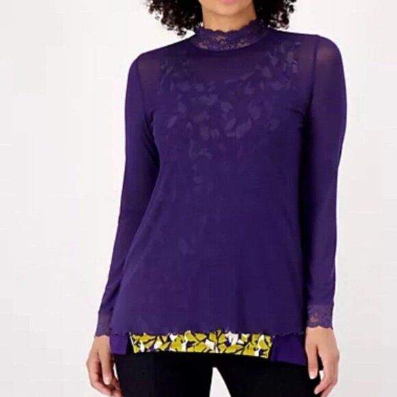LOGO Layers by Lori Goldstein Sheer Mesh Mock Neck Top with Lace Trim Blue 2X - Picture 1 of 7